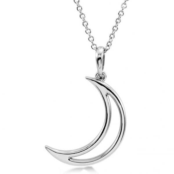 Crescent Moon Pendant Necklace in Solid 14k White Gold