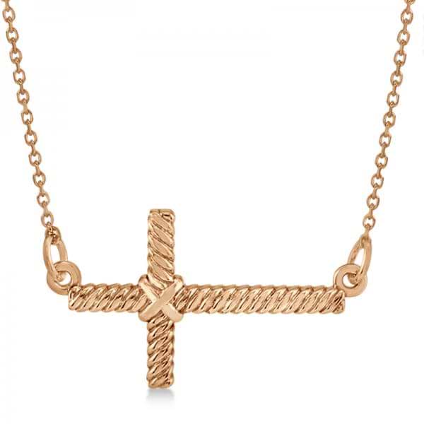 Religious Sideways Rope Cross Pendant Necklace in 14k Rose Gold