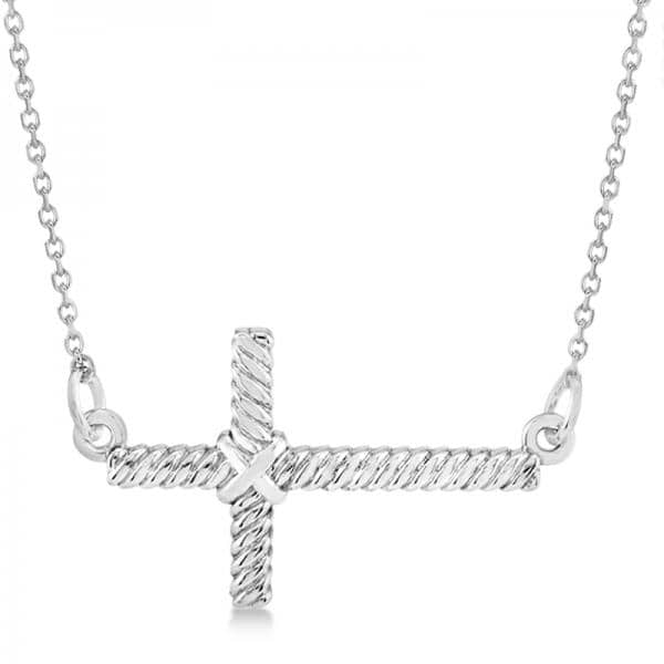 Religious Sideways Rope Cross Pendant Necklace in 14k White Gold