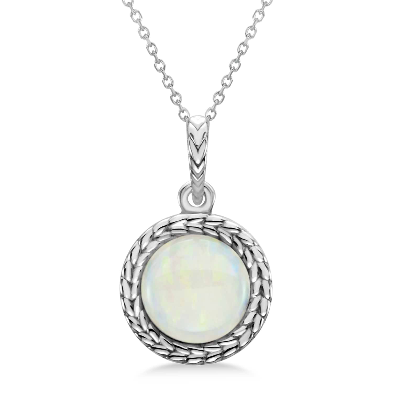 Bezel Set Opal Birthstone Pendant Necklace 14k White Gold (1.30ct)