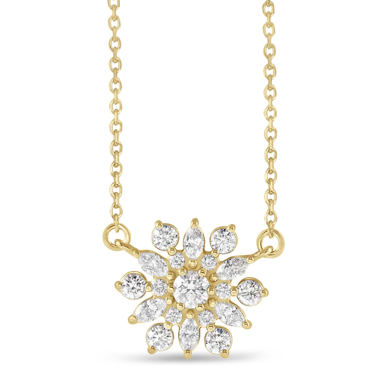 Diamond Sun-Shaped Vintage-Inspired Pendant Necklace 14k Yellow Gold (0.5ct)
