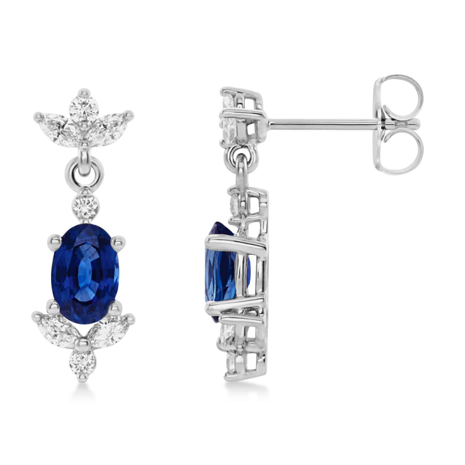 Blue Sapphire Dangling Earrings Diamonds on Edge 14k White Gold (1.78ct)