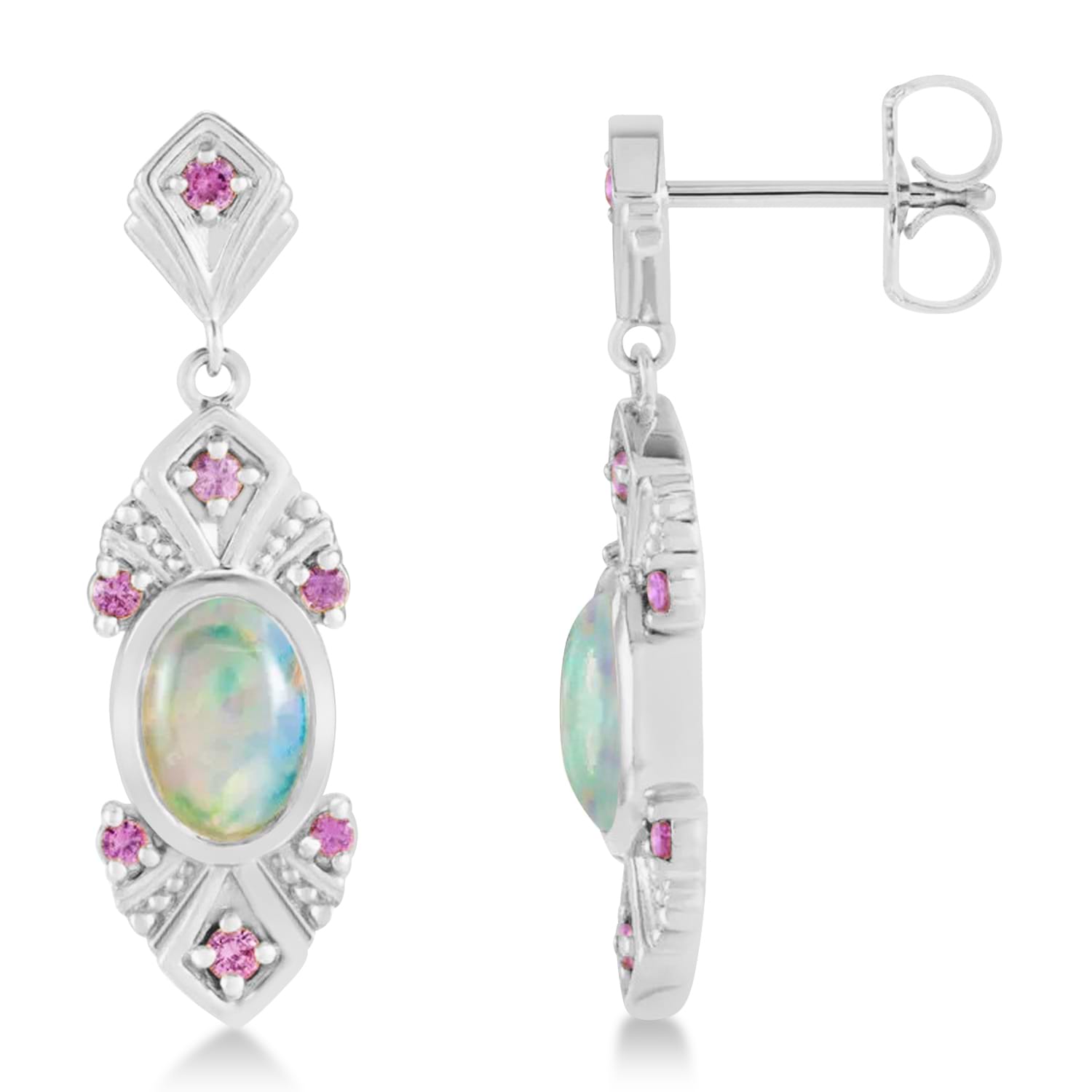 Opal & Pink Sapphire Vintage-Inspired Earrings 14k White Gold (1.11ct)
