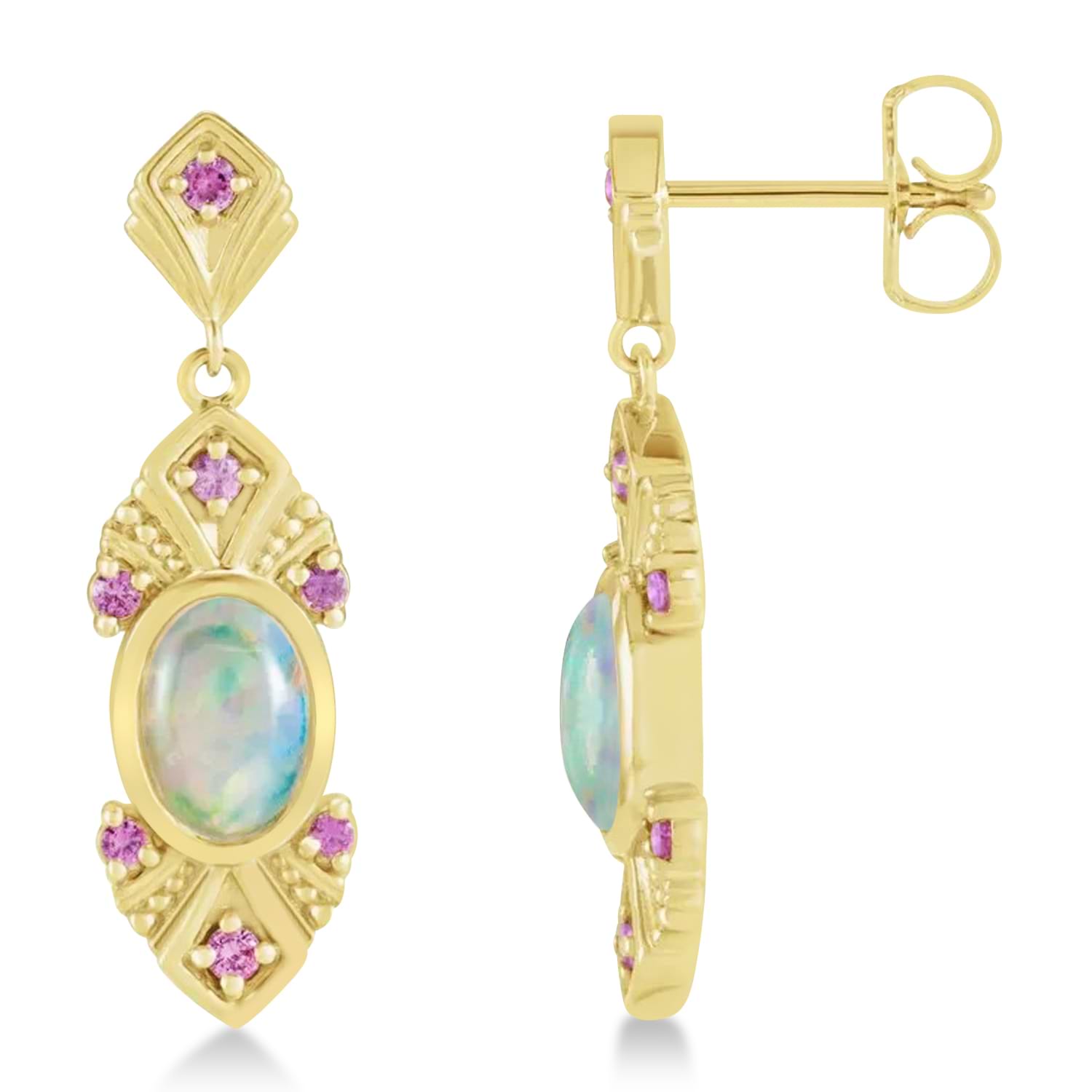Opal & Pink Sapphire Vintage-Inspired Earrings 14k Yellow Gold(1.11ct)