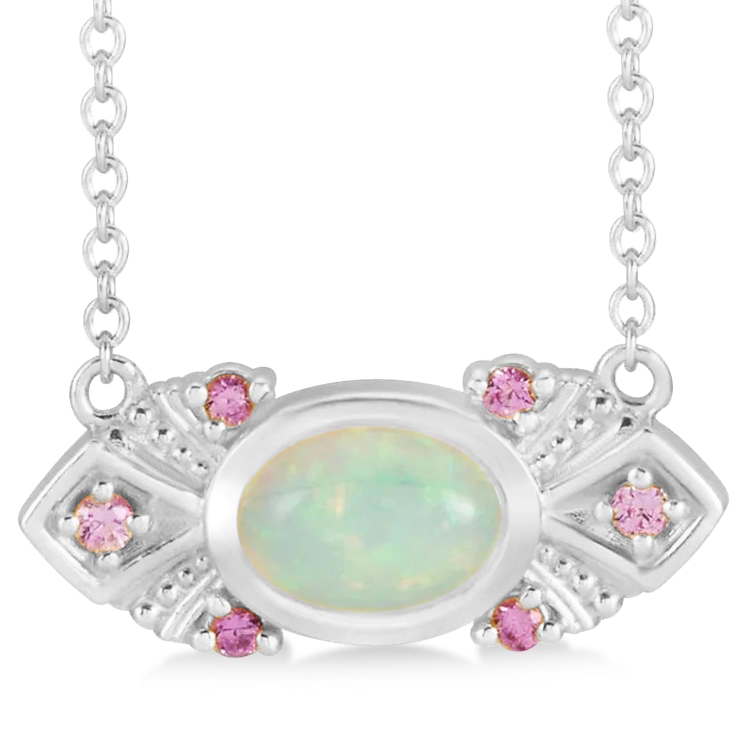 Opal & Pink Sapphire Vintage Pendant Necklace 14k White Gold (0.54ct)