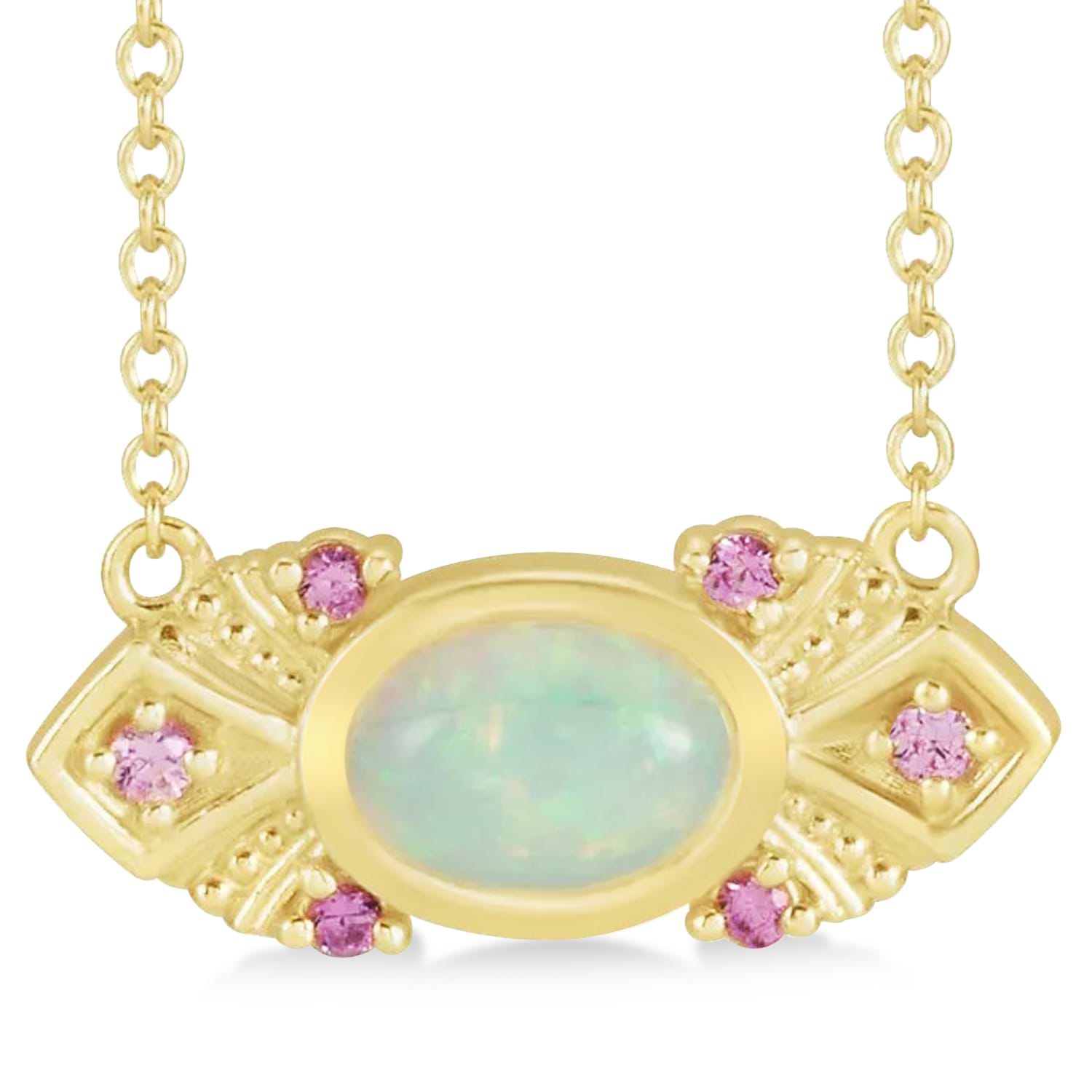Opal & Pink Sapphire Vintage Pendant Necklace 14k Yellow Gold (0.54ct)