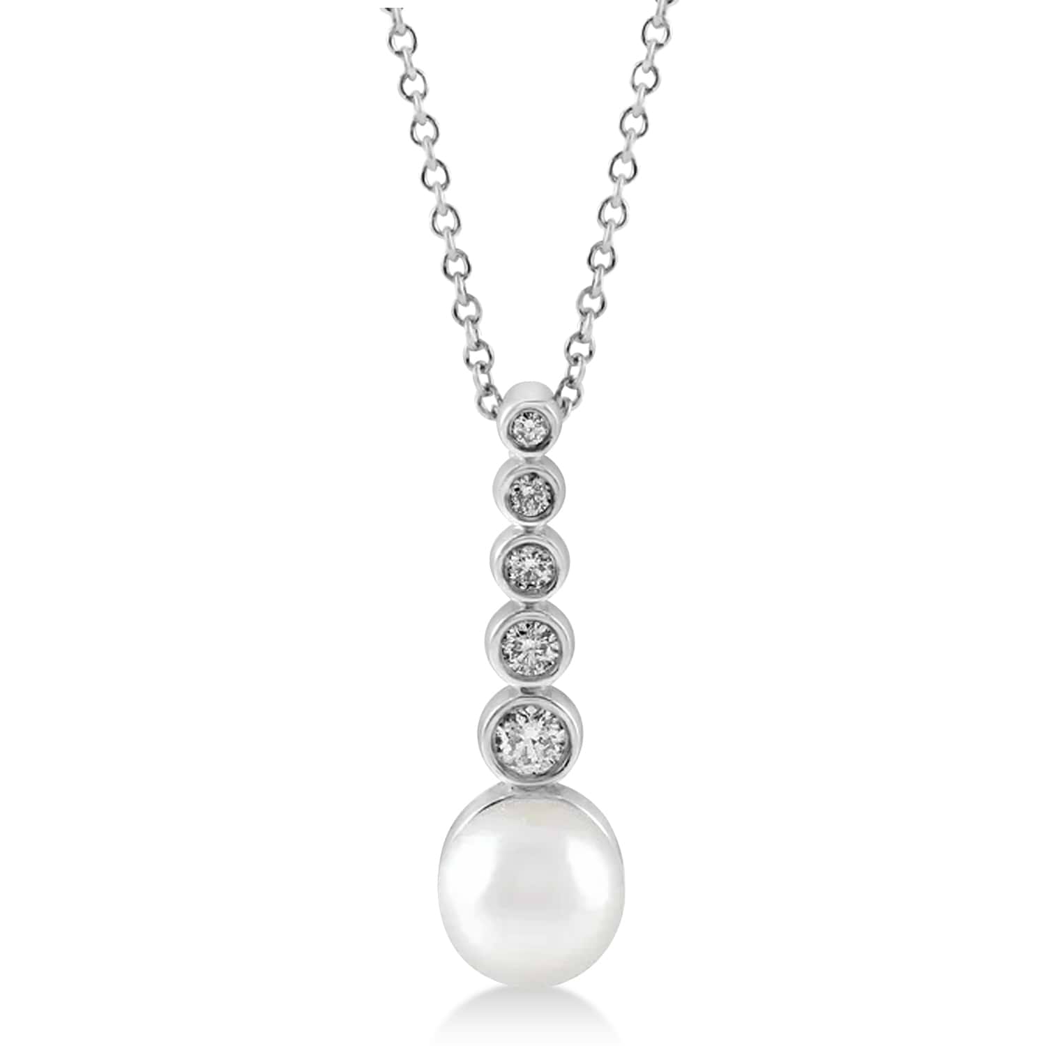 Diamond & Akoya Pearl Bar Pendant Necklace 14k White Gold 6.50mm - AZ9352