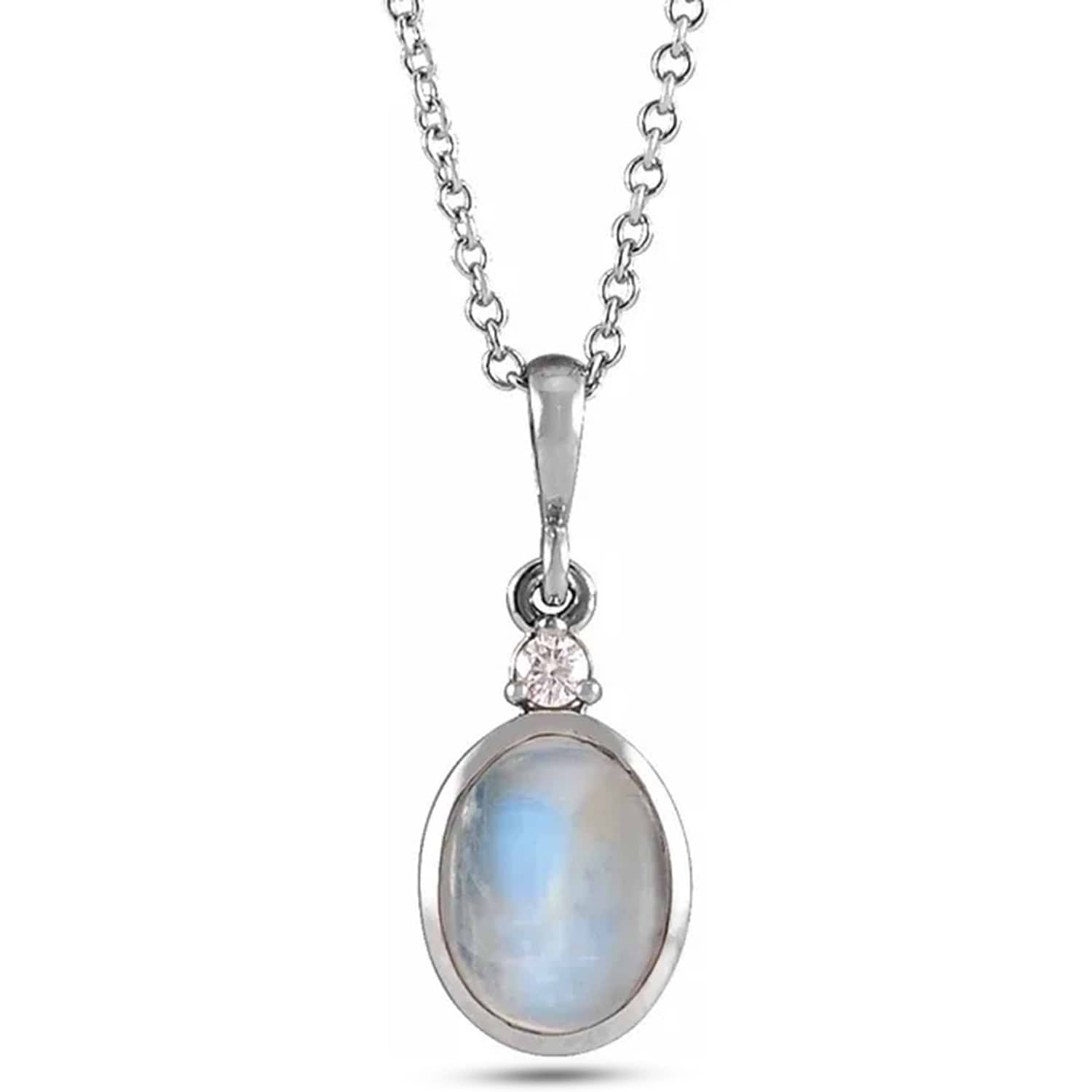 Oval Natural Rainbow Moonstone & Natural Diamond Pendant Necklace 14K White Gold (0.62ct)
