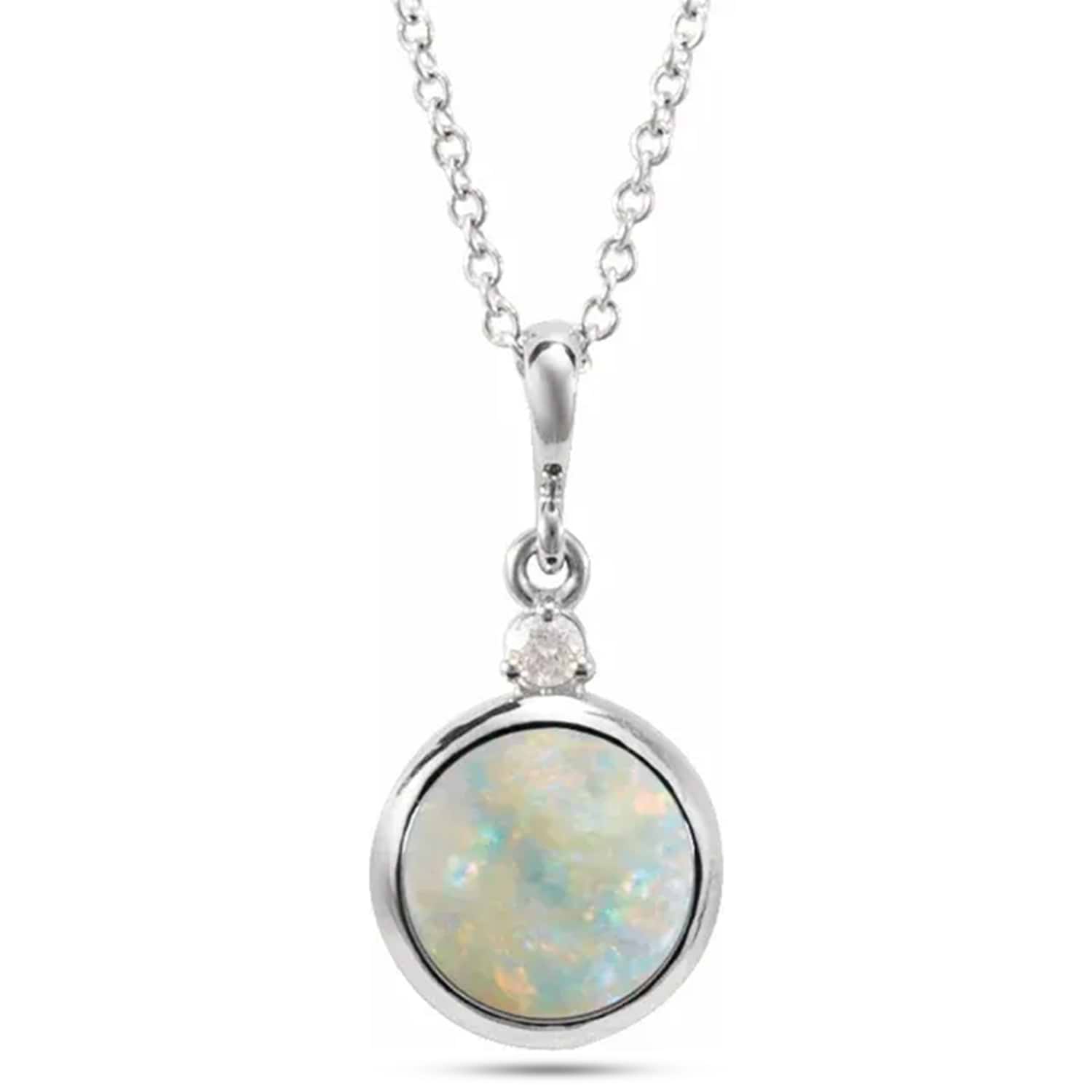 Natural White Opal & Natural Diamond Cabochon Pendant Necklace 14K White Gold (1.11ct)