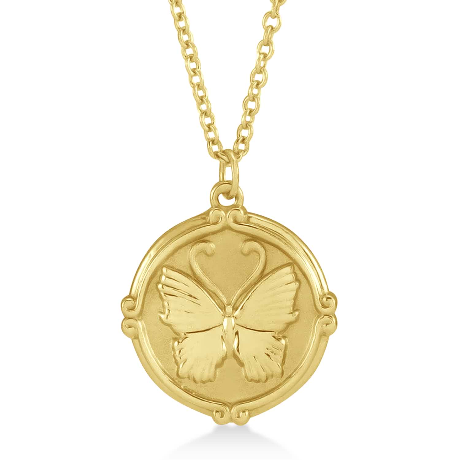 Butterfly Medallion Disk Pendant Necklace 14k Yellow Gold