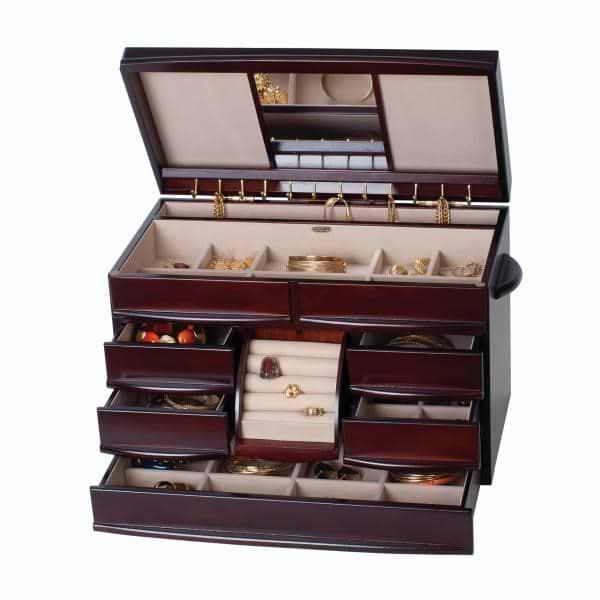 Dark Walnut Finish Wooden Jewelry Box. Drawers, Ring Rolls, Mirror