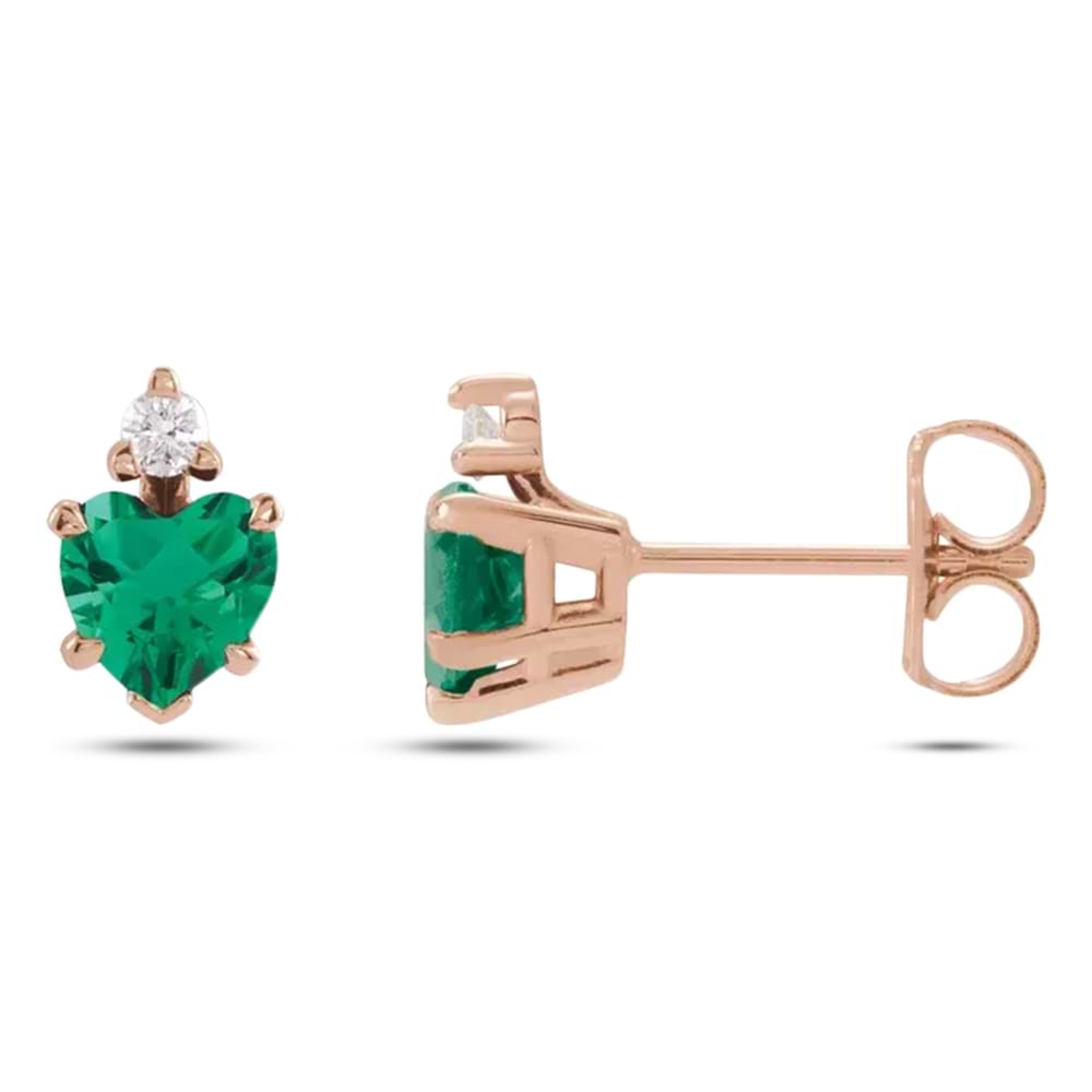 Heart Lab Grown Emerald & Natural Diamond Stud Earrings 14K Rose Gold (0.46ct)