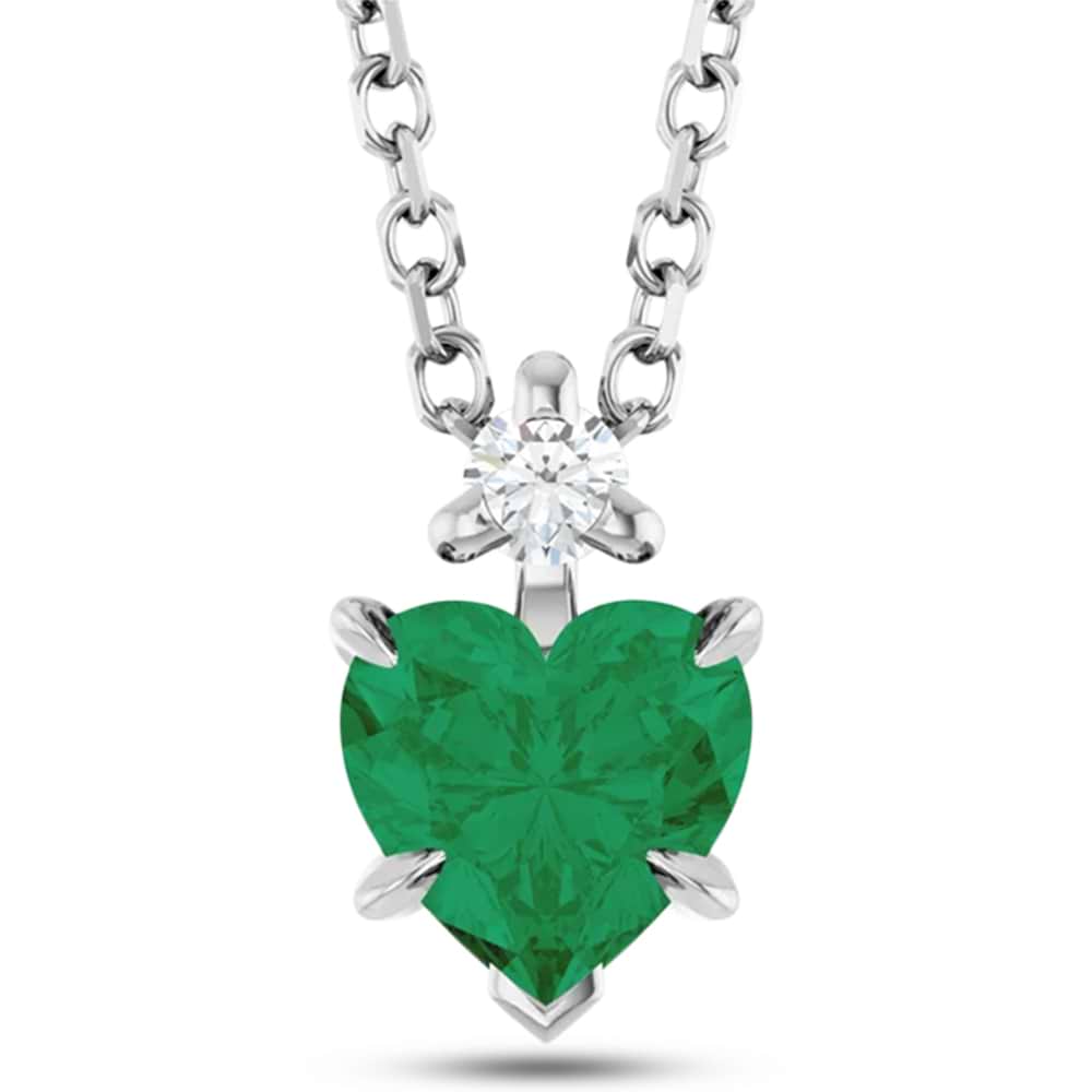 Heart Lab Grown Emerald & Natural Diamond Pendant Necklace 14K White Gold (0.43ct)