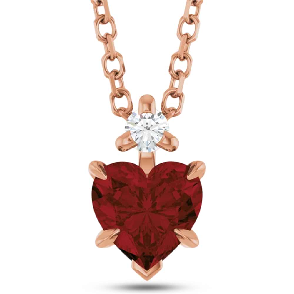 Heart Natural Mozambique Garnet & Natural Diamond Pendant Necklace 14K Rose Gold (0.63ct)