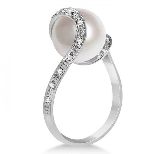 Freshwater Pearl & Diamond Twist Fashion Ring 14K White Gold 10-11mm