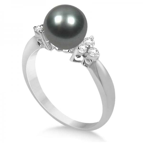 Ladies Tahitian Pearl Ring with Diamond Accents 14K White Gold 8-9mm