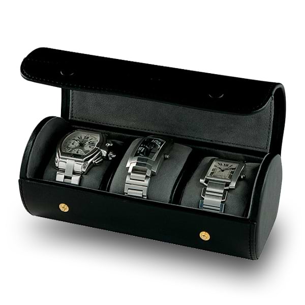 Watch Case Genuine Black Leather Holds 3 Timepieces For Travel & Home