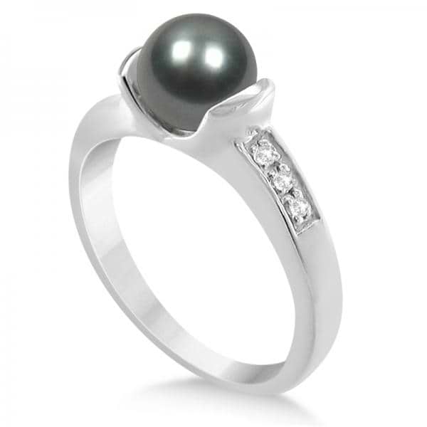 Solitaire Freshwater Pearl Ring Diamond Accents 14K White Gold 7-7.5mm