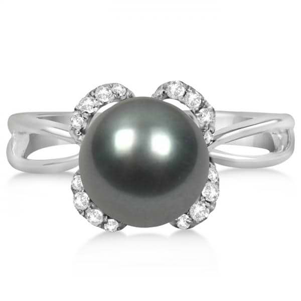 Diamond and Black Tahitian Pearl Ring Floral 14K White Gold 8-9mm