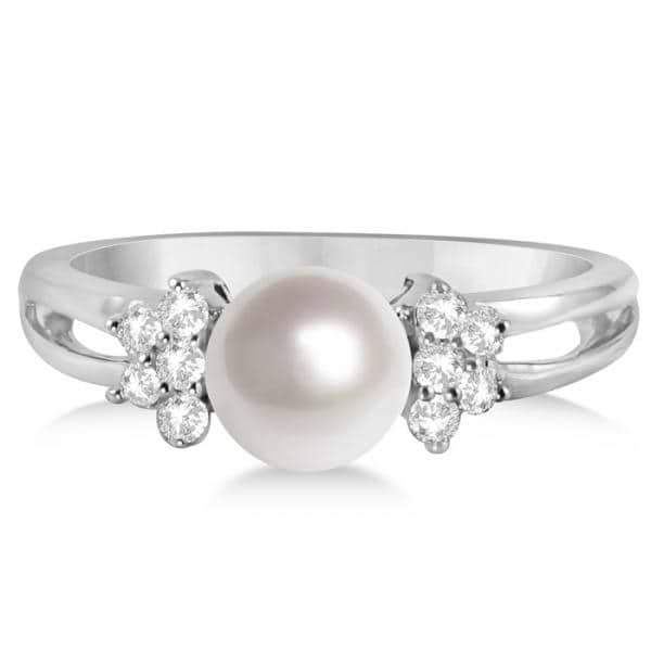 Freshwater Cultured Pearl and Diamond Ring 14K White Gold 6.5-7mm
