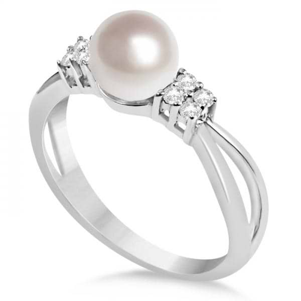Diamond Accented Akoya Cultured Pearl Ring 14K White Gold 6.5-7mm