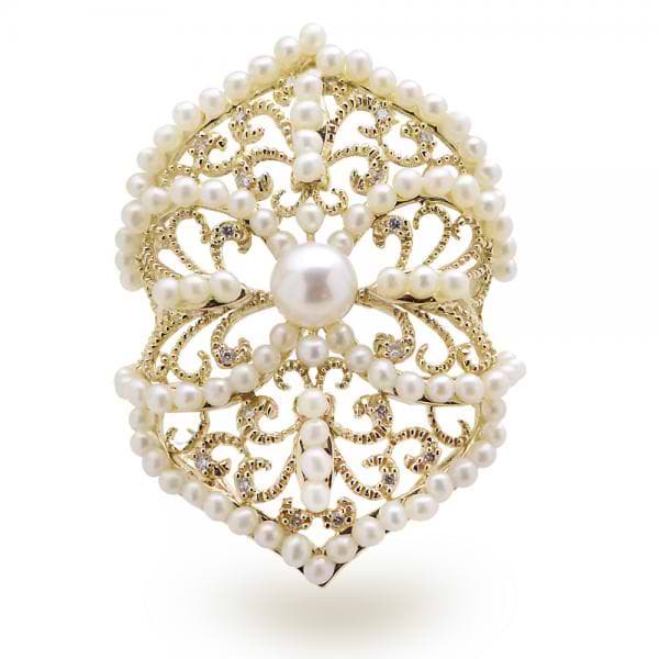 Vintage Style Diamond & Akoya Pearl Cocktail Ring 14k Y. Gold 5-5.5mm