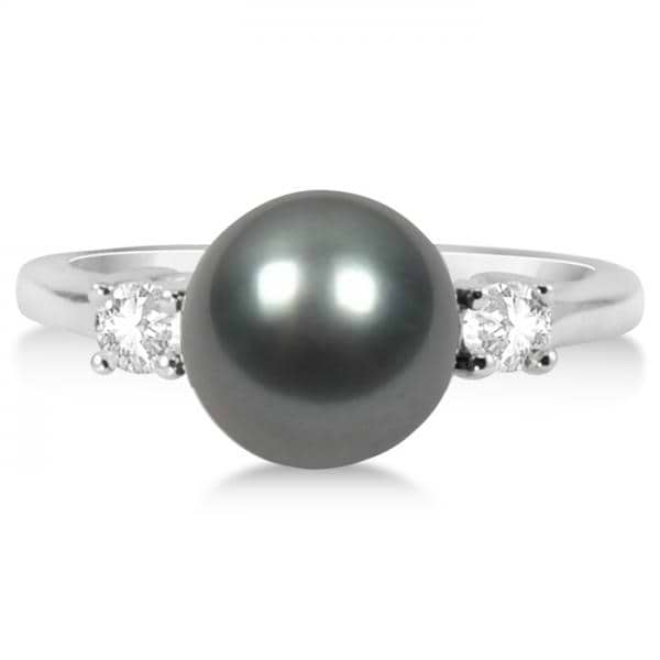 Tahitian Pearl & Diamond Three Stone Ring 14K White Gold 8-9mm