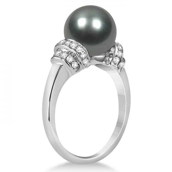 Tahitian Black Pearl Ring with Diamond Accents 14K White Gold 9-10mm
