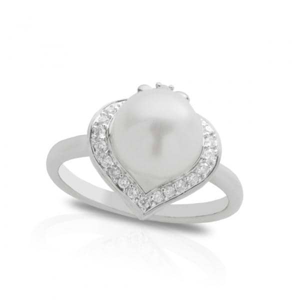Freshwater Pearl & Halo Diamond Heart Ring in 14k White Gold 9-9.5mm