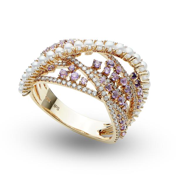 Pearl, Diamond and Amethyst Cocktail Fashion Ring 14k Rose Gold 0.99ct