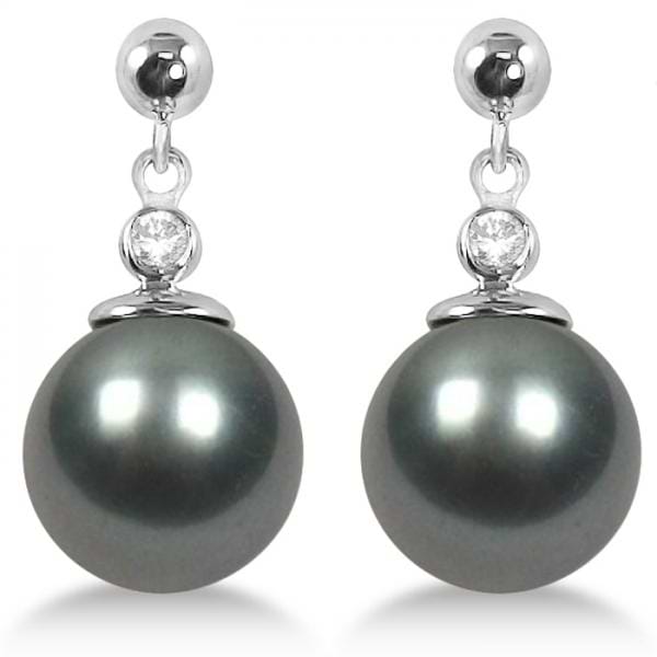 Cultured Tahitian Pearl Earrings with Diamonds 14K White Gold 10-11mm
