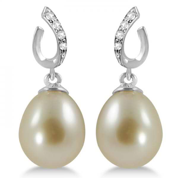 Freshwater Cultured Pearl & Diamond Drop Earrings 14K W. Gold 8-9mm