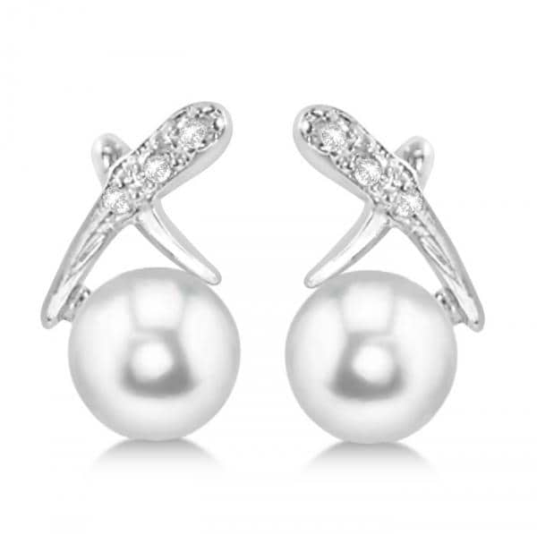 Freshwater Pearl & Diamond X Earrings 14k White Gold 5.5-6mm 0.05ct