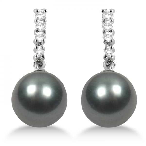 Black Grey Tahitian Pearl and Diamond Drop Earrings 14K White Gold 8.9mm