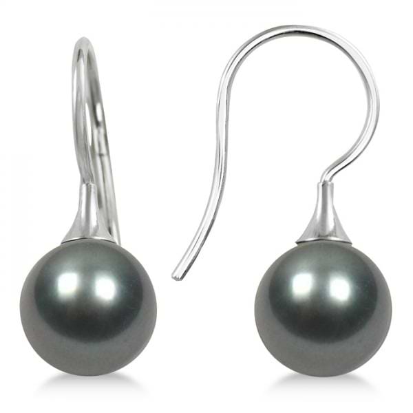 Grey Black Tahitian Pearl Drop Earrings in 14K White Gold 8-9mm