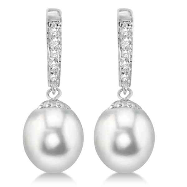 Freshwater Pearl & Diamond Bar Earrings 14K White Gold 8-8.5mm 0.06ct
