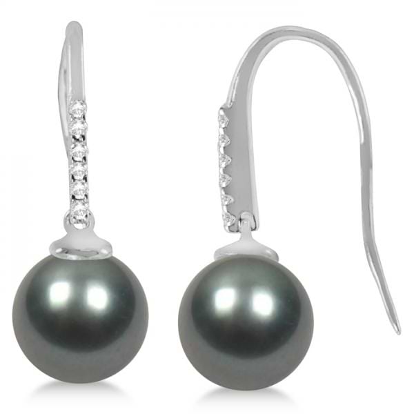 Tahitian Grey Black Pearl & Diamond Drop Earrings 14K White Gold 8-9mm