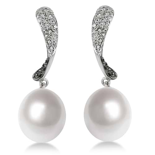 Freshwater Pearl and Black & White Diamond Earrings 14K White Gold