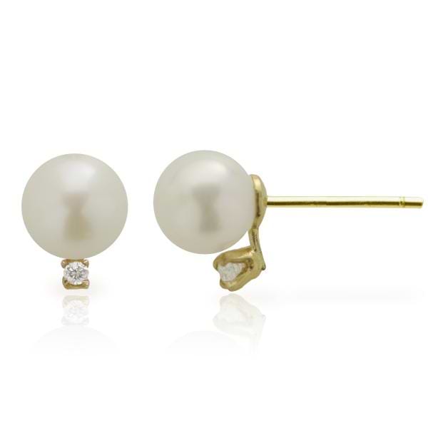 Akoya Cultured Pearl & Diamond Stud Earrings 14k Yellow Gold 5-5.5mm
