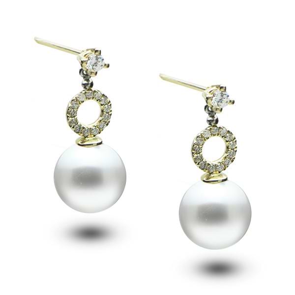 Akoya Pearl Drop Earrings w/ Diamond Accents 14k Yellow Gold (0.22ct)