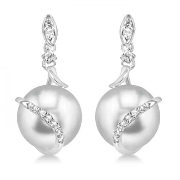 Freshwater Pearl & Diamond Twist Earrings 14k White Gold 9-9.5mm .14ct