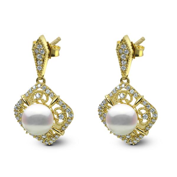 Antique Akoya Pearl Drop Earrings w/ Diamonds in 14k Y. Gold (0.33ct)