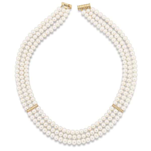 Triple Strand Freshwater Pearl Necklace in 14k Yellow Gold 5.5-6mm