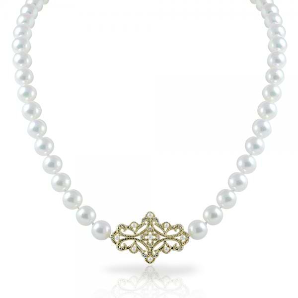 Akoya Pearl Strand Necklace with Diamonds in 14k Yellow Gold 5.6-7mm
