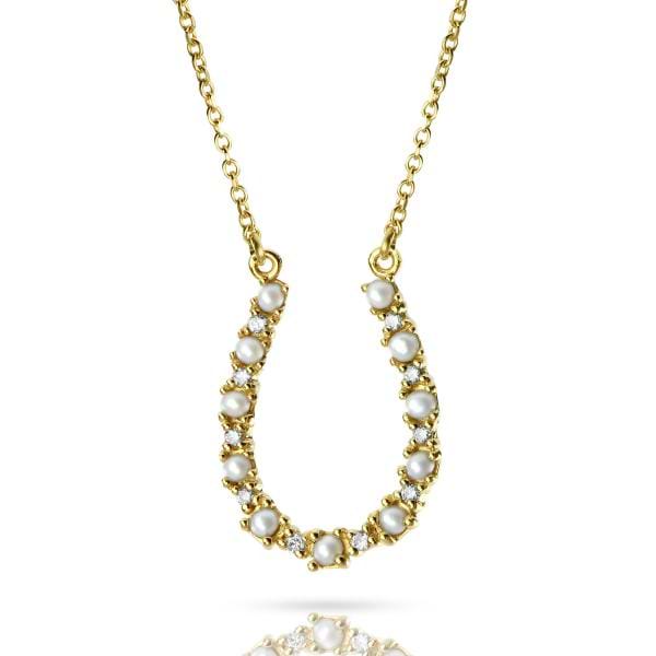 Pearl and Diamond Horseshoe Pendant Necklace 14k Yellow Gold (0.08ct)
