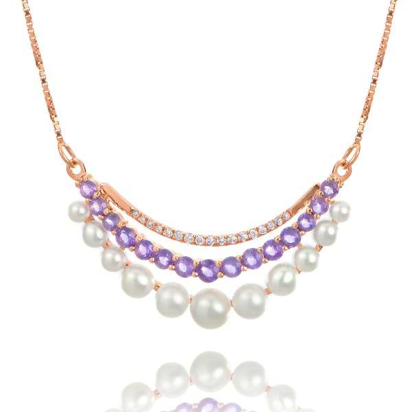 Three Strand Pearl, Diamond & Amethyst Necklace 14k Rose Gold 0.55ct