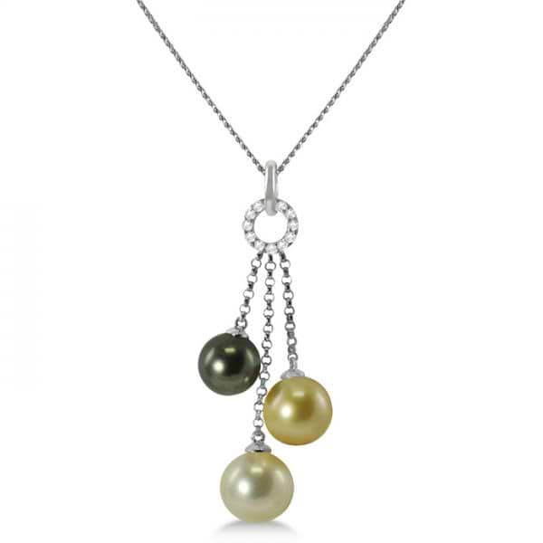 Multicolored Pearl & Diamond Pendant Necklace 14K White Gold 8-11mm