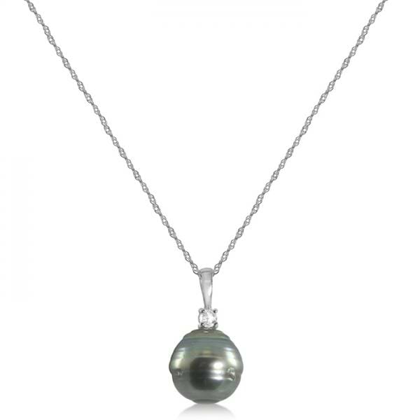 Diamond & Circle' Tahitian Pearl Solitaire Necklace 14K W Gold 11-12mm