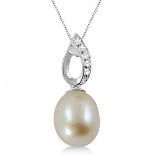 Freshwater Cultured Pearl & Diamond Pendant 14K White Gold 8-8.5mm