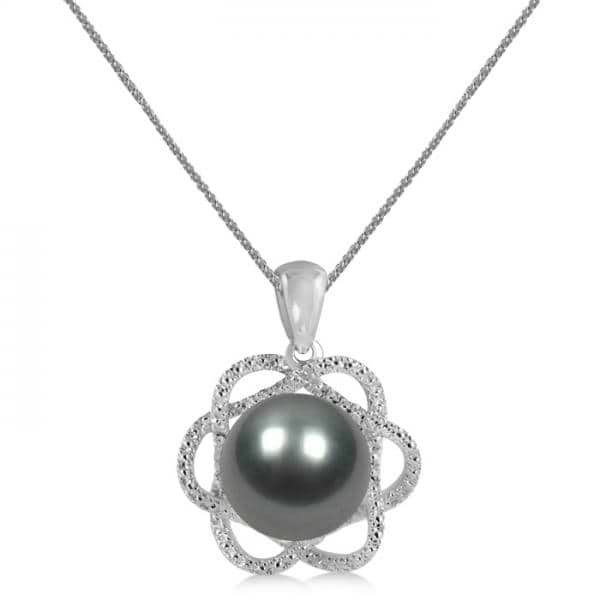 Tahitian Black Pearl & Diamond Flower Pendant 14K White Gold 10-11mm